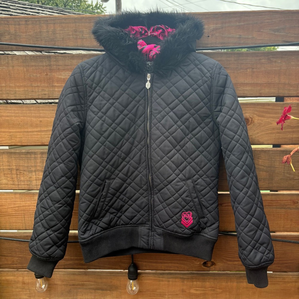 Metal Mulisha Quilted Hooded Jacket Womens Large Black Pink Excellent Faux Fur